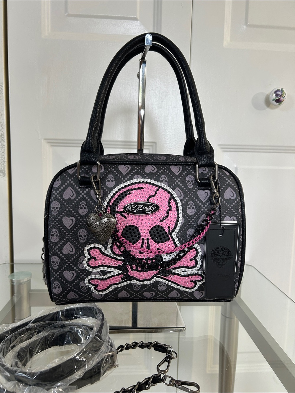 NWT Ed Hardy Black Satchel with Pink Sequin Skull